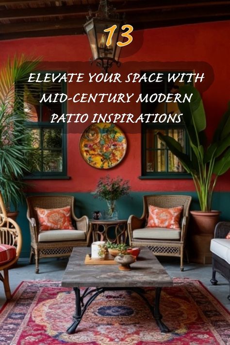 I absolutely love how this space showcases the perfect blend of mid-century modern design with vibrant colors and lush greenery. From the cozy wicker chairs adorned with playful cushions to the rustic coffee table that anchors the room, every detail invites you to enjoy outdoor living in style. This inspiration makes me want to refresh my own patio and embrace those mid-century vibes! Modern Patio Ideas, Mid Century Modern Patio, Patio Design Ideas, Modern Patio Design, Modern Courtyard, Rustic Coffee Table, Patio Inspiration, Traditional Dining Room, Rustic Coffee Tables