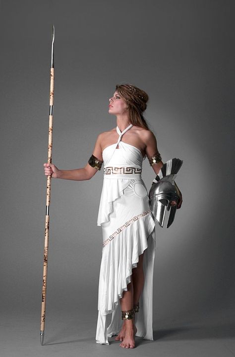 Greek Goddess Pose, Athena Goddess Costume, Greek Cosplay, Athena Outfit, Goddess Poses, Roman Dresses, Athena Cosplay, Athena Costume, Greek Toga