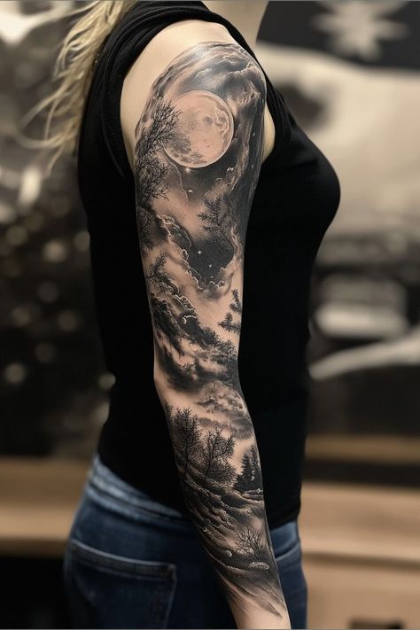 Night Sky Half Sleeve Tattoo, Night Sleeve Tattoo, Black And Grey Sleeve Tattoo For Women, Bicep Tattoo Women Sleeve, Moon Sleeve Tattoos For Women, Woman Moon Tattoo, Spaced Out Sleeve Tattoo, Night Sky Tattoo Starry, Women Full Sleeve Tattoo