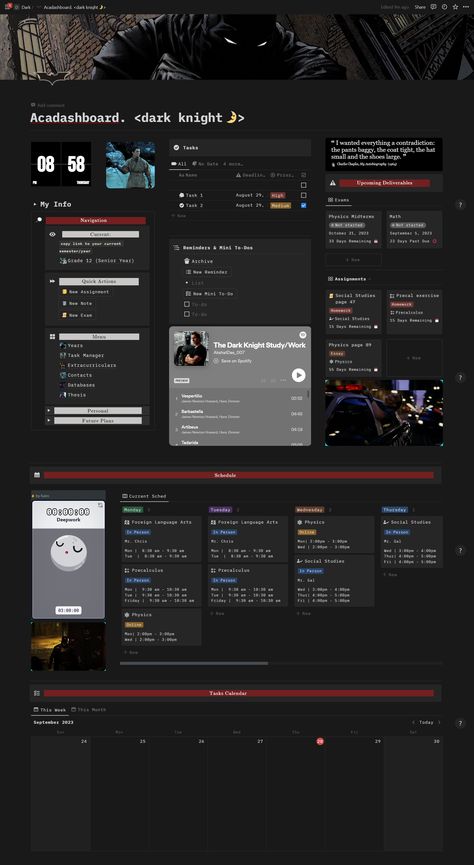 Acadashboard: Dark Knight Notion Theme by Sealine™. Get access to a notion template that manages everything school-related, from advanced habit trackers & to-do lists, to curated systems for individual years & semesters. Check out the expense tracker, part-time section, college admissions tab, internship/job applications database, and a section for when you're living in a dorm/away from home. Get this, and 5 other themes for free! Notion Aesthetic Dark, Dark Notion Template, Self Improvement Notion, College Notion, 2nd Brain, Notion Themes, A Touch Of Darkness, Notion Inspo, Touch Of Darkness