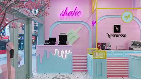 Interior Ice Cream Shop, Interior Design Ice Cream Shop, Donut Store Design, Ice Cream Cafe Interior Design, Bakery Counter Design, Counter Design Shop Retail Stores, Ice Cream Shop Counter, Ice Cream Shop Ideas Interiors, Gift Store Design