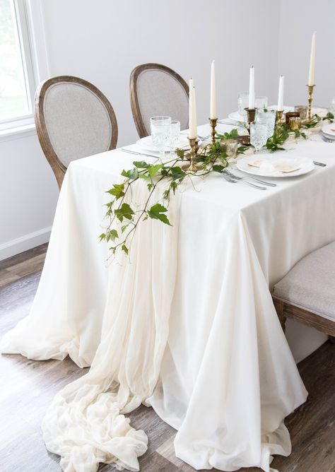 Ivory Chiffon Table Runner, White Table Cloth With Cheese Cloth Runner, White Table Cloth With Runner, Greenery And Neutrals Wedding, Greenery Runners For Wedding Tables, Wedding Table Cloth Ideas, Wedding Table Cloth, Table Cloth Wedding, White Tablescape