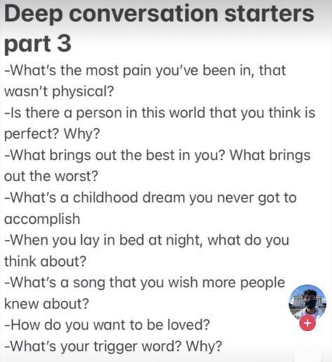 How To Make Conversation With Boyfriend, Interesting Convo Starters, Relationship Journal Prompts, Deep Journal Prompts, Convo Starters, Deep Conversation Topics, Deep Conversation Starters, Questions To Get To Know Someone, Deep Conversation