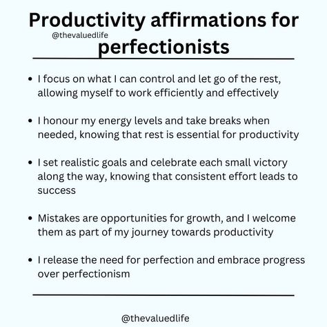 Here are some affirmations you can say out loud to help you be productive in a healthy sustainable way.🌟Get your FREE Perfectionist Anti-Procrastination Productivity Toolkit - click the link in my bio🌟 #perfectionist #perfectionism #perfectionisoverrated #striveforprogressnotperfection #mindfulproductivity #mindfulproductivityplanner #motivationalquotes #imperfectionist #bulletjournal #bujo #organizedliving #blacklifestyleblogger #affirmations #dailyaffirmations #affirmationsforlove #selflov... Perfectionist Affirmations, Perfectionism Affirmations, Anti Perfectionism Affirmations, Affirmations For Procrastinators, Perfectionist Aesthetic, Perfectionism, Stressed Out, Self Compassion, Love Affirmations