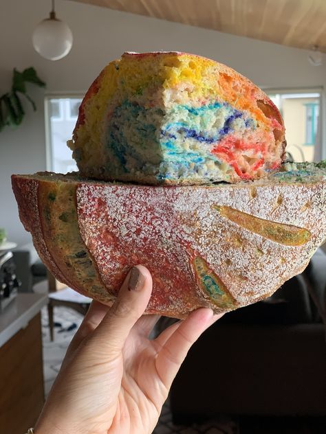 rainbow sourdough bread Colored Sourdough Bread, Sprinkle Sourdough, Lavender Sourdough Bread, Rainbow Sourdough Bread, Sourdough Multigrain Bread, Recipe Using Sourdough Starter, Bread Art, Sourdough Starter, Sourdough Bread