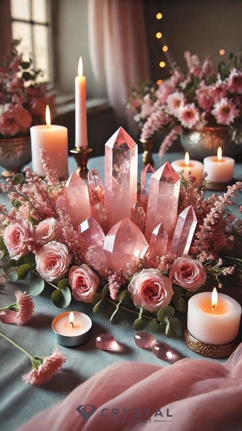 Crystal And Tarot Aesthetic, Rose Quartz Counter, Beauty Altar, Rose Priestess, Spiritual Room Meditation Space, Love Alter, Pink Therapy, Love Altar, Meditation Candle