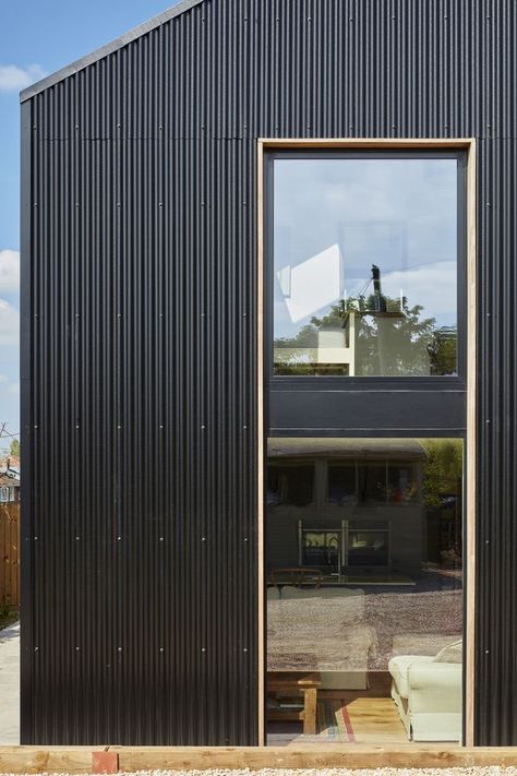 Black Corrugated Cladding, Black Timber Cladding Exterior, Black Cladding House, Coloursteel Cladding, Black Cladding Exterior, Metal Cladding House Exterior, Black Wood Cladding, Corrugated Metal House, Black Metal Siding