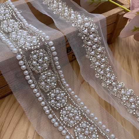 1 Yard Pearl Beaded Trim Bridal Lace Ribbon Embroidered Beads Applique Trim Straps for Crafts Sewing Wedding Dress DIY Fabric - AliExpress 15 Wedding Dress Diy, Embroidered Beads, Tambour Beading, Sewing Wedding Dress, Hand Beaded Embroidery, Diy Wedding Dress, Traditional Indian Outfits, Sewing Design, Beaded Applique