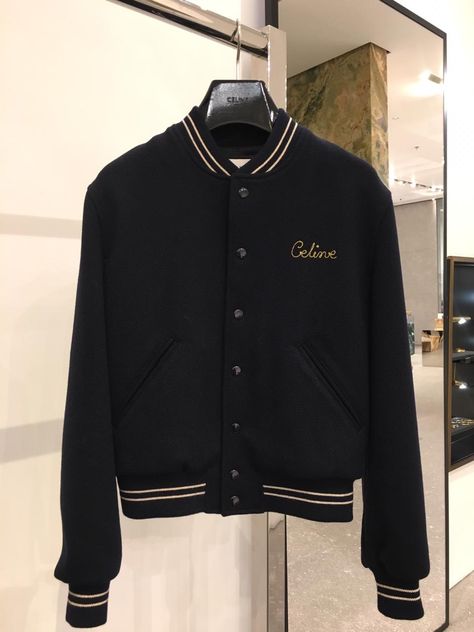 Celine Winter 2019 black bomber jacket with embroidery by PSL Celine Varsity Jacket, Celine Clothes, Celine Jacket, Lisa Celine, Embroidery Shirt Men, Zapatillas Nike Basketball, Jacket With Embroidery, Casual Attire For Women, 90s Fashion Outfits