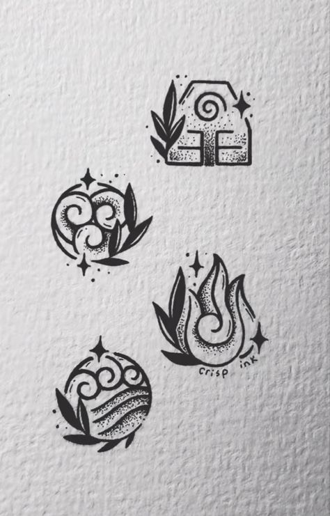 Earth Bender Tattoo Ideas, Matching Element Tattoos, Avatar Fire Nation Tattoo, Avatar Tree Tattoo, Earth Air Fire Water Spirit Tattoo, Earth Kingdom Tattoo, Avatar Water Tribe Tattoo, 4 Sibling Tattoo Ideas, Matching Atla Tattoos