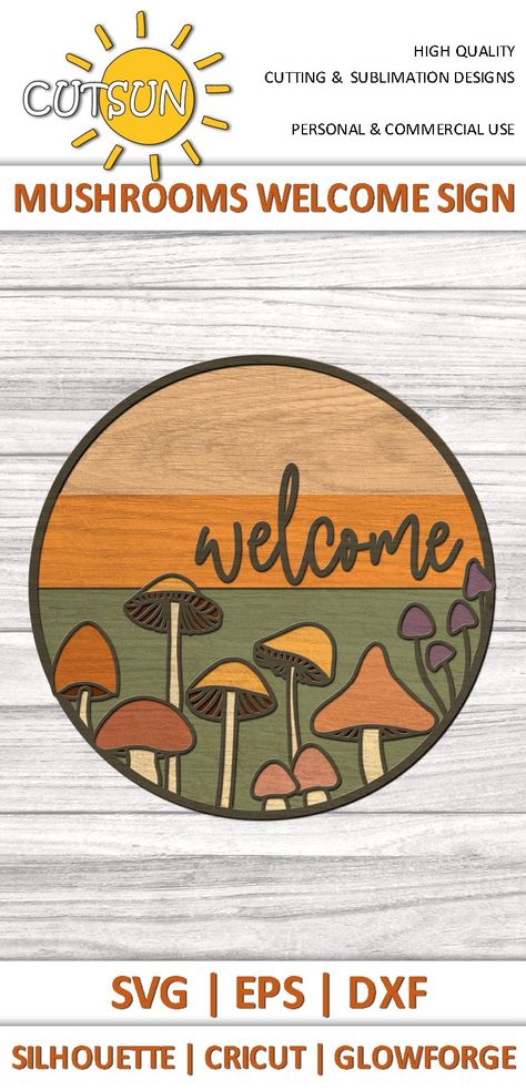 Mushrooms Welcome sign SVG | Mushrooms SVG#welcomesignsvg #layeredsvg #doorsignsvg Mushroom Svg, Welcome Sign Svg, Quotes Lettering, Door Hanger Svg, Svg Laser Cut Files, Mushroom Crafts, Round Signs, Door Signs Diy, Laser Cut Wood Crafts