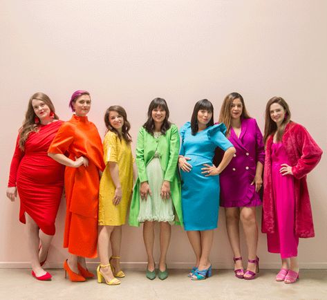 Rainbow Group Outfit, Colorful Group Photoshoot, Group Fashion, Group Photoshoot Outfits, Fun Group Photos, Bright Colors Fashion, Friends Group Photo, Rainbow Family, Bright Colored Outfits