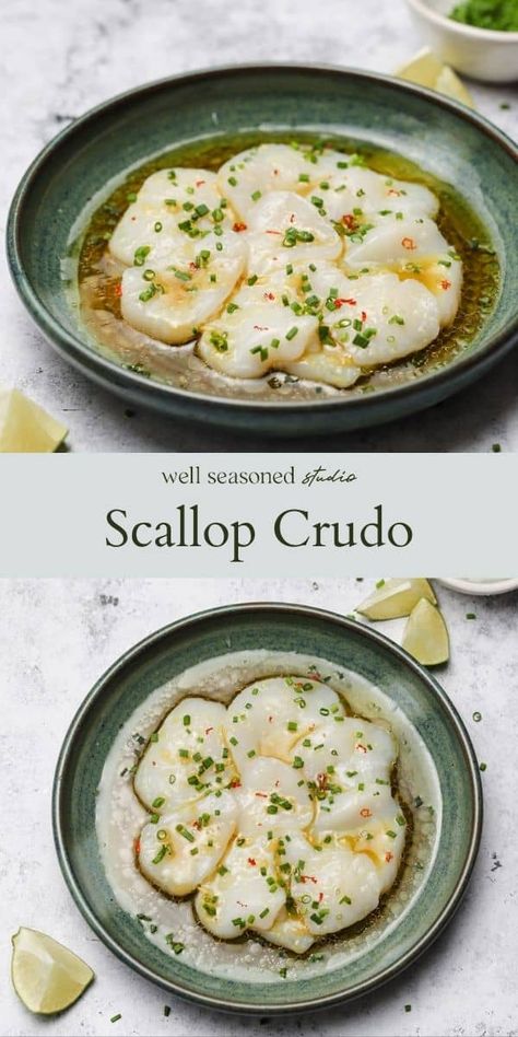 Asian Scallops Recipe, Scallop Tartare, Steamed Scallops, Cold Scallop Appetizer, Thai Scallop Recipes, Japanese Scallop Recipes, Japanese Scallops, Scallop Crudo Recipe, Asian Scallops