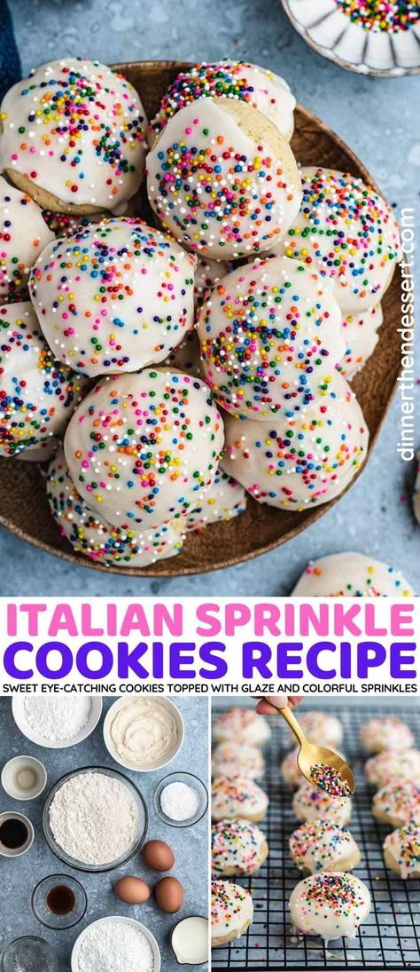 Italian Sprinkle Cookies are made with a soft, sweet, melt-in-your-mouth cookie base, and topped with a simple glaze, and bright sprinkles. Italian Sprinkle Cookies, Sprinkle Cookies Christmas, Sprinkle Cookies Recipe, Italian Wedding Cookies, Mexican Wedding Cookies, Cookie Base, Sprinkle Cookies, Delicious Cookie Recipes, Italian Cookies