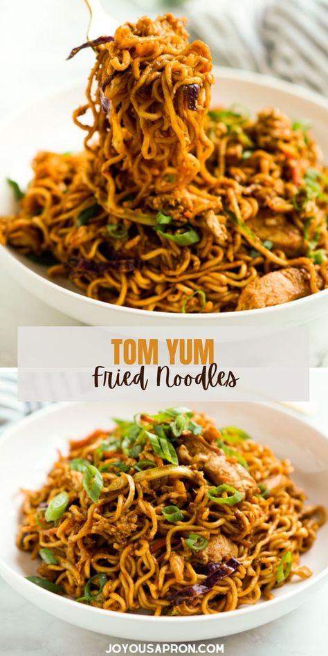 25 minutes · Serves 2 · Easy and delicious fried noodle dish tossed in sticky, spicy, sour, sweet and savory tom yum sauce. This Thai inspired dish has lots of bold flavors and textures! Spicy Noodle Bowl, Thai Bowls, Sticky Noodles, Cookout Drinks, Momofuku Recipes, Tom Yum Noodles, Thai Recipes Noodles, Asian Pasta, Exotic Recipes