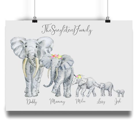 Thanks for the great review megan s. ★★★★★! Portrait With Flowers, Herd Of Elephants, Name Decorations, The Smiths, Elephant Family, Family Print, Personalised Prints, African Elephant, Uk Gifts