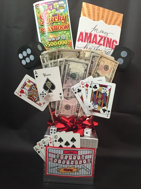 Casino gift date night for my husband! :) Christmas Gift Ideas For Him, Basket Gift Ideas, Poker Gifts, Raffle Baskets, Gambling Cake, Gambling Party, Gambling Tattoo, Gambling Humor, Gambling Games