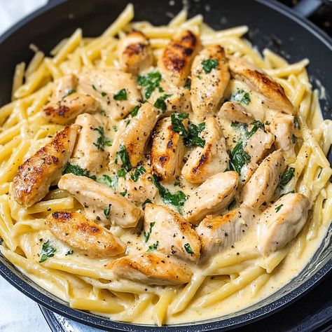 Creamy Garlic Chicken Pasta Recipe - Lemon Butter Garlic Chicken Pasta, Garlic Butter Chicken Bites With Pasta, Chicken Garlic Noodles, Chicken Broth Pasta Sauce, Recipes With Chicken And Pasta, Marry Me Food, Creamy Garlic Chicken Pasta Recipes, Garlic Chicken Pasta Crockpot, Grilled Chicken And Pasta Recipes