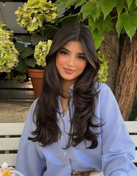 Haircut Layers Black Hair, Long Brunette Hair With Face Framing Layers, Angles And Layers Haircut, Jasmine Nguyen Hair, Indian Layers Haircut, Layered Hair Indian, New Hair Photo Ideas, Indian Haircuts For Women, Haircut Inspo Long Layers