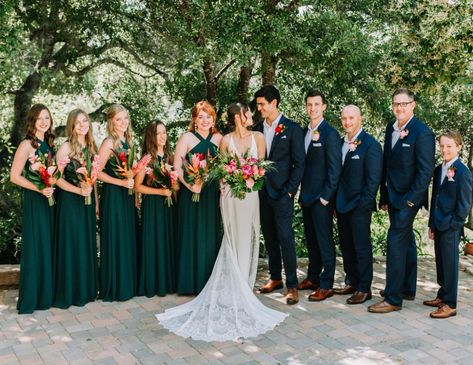 Victoria + Jon - A Vintage Hawaiian Wedding in Malibu – WildFlora Emerald Green Wedding Party, Green Wedding Party, Forest Green Bridesmaid Dresses, Emerald Green Bridesmaid Dresses, Emerald Green Wedding, Dark Green Bridesmaid Dress, Emerald Green Weddings, Boda Mexicana, Navy Bridesmaid Dresses