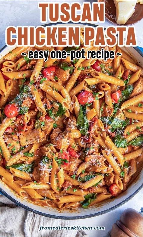 Flavorful ingredients combine to create this one pot Tuscan Chicken Pasta. Penne pasta in a luscious tomato cream sauce with chunks of chicken, sun-dried tomatoes, fresh cherry tomatoes and spinach. Cherry Tomato Chicken Pasta Recipes, Pasta Tuscan Chicken, Chicken And Tomato Pasta Recipes, Tuscan Chicken Salad, Cherry Tomato Chicken Recipes, Italian Casseroles, Chicken Spinach Mushroom, Easy One Pot Pasta, Fresh Basil Recipes