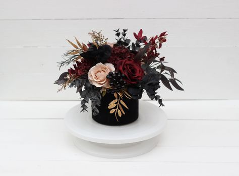 "The centerpiece in a velvet box is made from high-quality flowers. Box diameter -5\" ( 12 cm ) Height from the bottom of the box to the top of the flowers - 8\" (23 cm) Width of flowers decoration - 8 (22 cm) Thanks for visiting 😊" Black Gold Burgundy Wedding Centerpieces, Goth Centerpieces, Edgy Flower Arrangements, Spooky Floral Arrangements, Black And Red Centerpieces, Moody Centerpieces, Burgundy Flower Centerpieces, Black Flower Arrangements, Moody Wedding Centerpieces