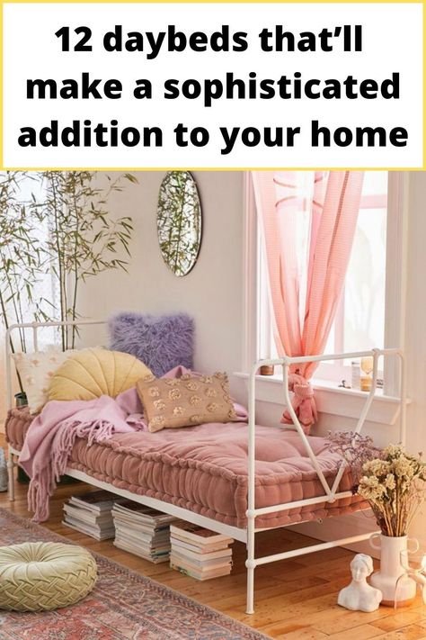 Daybed As Couch Living Room Metal, Daybed By Window, Rooms With Daybeds Ideas, Decorating A Daybed, Daybed Styling Ideas Living Room, Metal Daybed Styling Ideas, Twin Daybed Room Ideas, Twin Bed Into Daybed, Daybed In Front Of Window