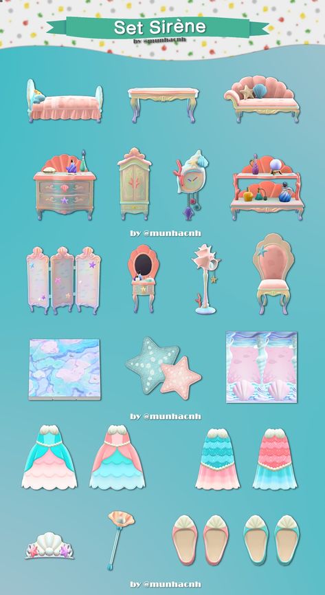 Animal Crossing Furniture Sets, Acnh Furniture Sets, Acnh Sets, Acnh Pascal, Pascal Animal Crossing, Animal Crossing Furniture, Acnh Mermaid, Acnh Guide, Mermaid Items