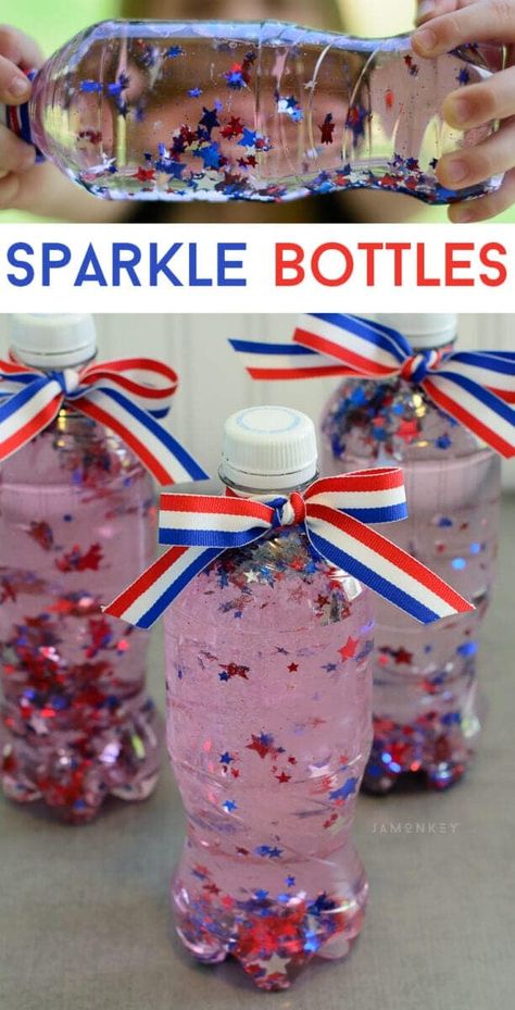 The perfect 4th of July craft project to keep the kids busy before the fireworks Sparkle Bottle, Fourth Of July Crafts For Kids, 4th July Crafts, Summer Camp Crafts, Summer Crafts For Kids, Blue Theme, Patriotic Crafts, Daycare Crafts, 4th Of July Decorations