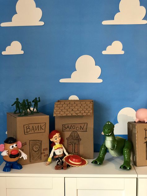 Toy Story Birthday Party - Andy’s Room Cardboard Town Toy Story Backdrop Photoshoot, Andy’s Bedroom Toy Story, Modern Toy Story Room, Toy Story Cardboard Town, Andy’s Room, Neutral Toy Story Room, Toy Story Welcome Sign, Toy Story Party Backdrop, Andy’s Room Toy Story