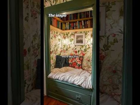 Reading Book Closet, Book Nook Apartment, Cozy Bedroom Reading Nook, Bed In Nook, Closet Reading Nook For Adults, Bedroom Nook Ideas Master, Window Book Nook, Closet Nook Ideas, Book Nook Bedroom