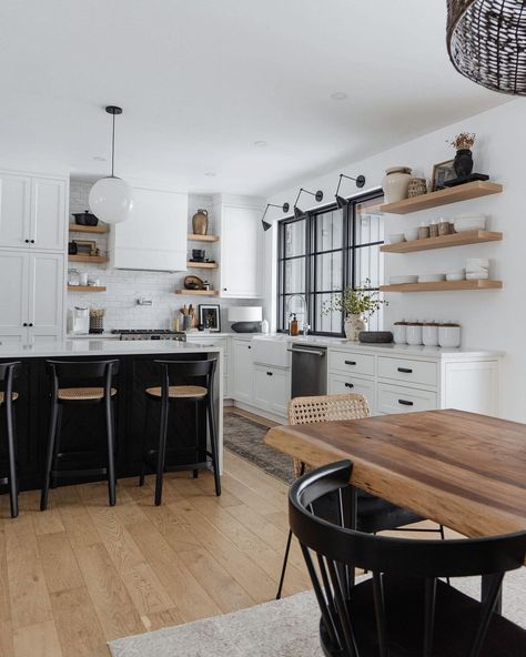 Black Wood And White Decor, Black Wood Aesthetic Home, White Kitchen Black Table, White And Black With Wood Accents, White Black Natural Wood Kitchen, Black And White Open Kitchen, White Kitchen With Dining Table, White Black And Wooden Kitchen, Black And White With Wood Kitchen