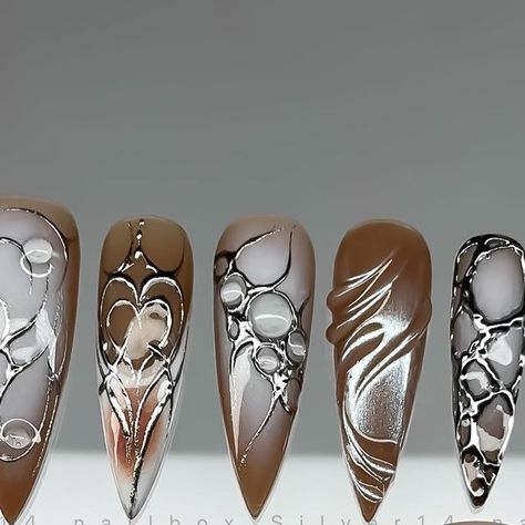 Silver14 Nail on Instagram: "🤎 y2k nails
Silver14 nail 
#nails #nailsnailsnails #nailbox" Brown Silver Nails, Brown And Silver Nails, Silver Chrome Nails, Bronze Nails, Chrome Nails Designs, 2024 Nails, Y2k Nails, Silver Chrome, Fall Inspo