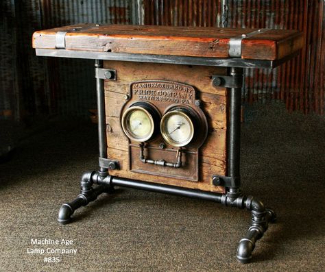 Steampunk Industrial Barn Wood Antique Gauge Board Stand Table #835 - SOLD Steampunk Tv Stand, Industrial Tables, Interesting Lamps, Industrial Decorating, Steampunk Furniture, Steampunk Stuff, Steampunk House, Steampunk Industrial, Industrial Style Decor