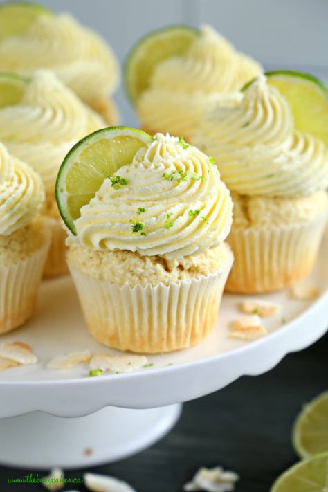 Dairy-Free Coconut Lime Cupcakes with lime zest on a cake stand Mojito Cupcakes, Margarita Cupcakes, Lime Cupcakes, Fresh Fruit Recipes, Cupcake Images, Torte Cupcake, Cupcake Bakery, Cupcakes Recipe, Margarita Recipes