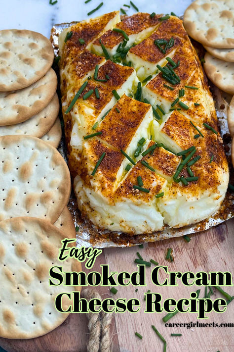 This easy and delicious smoked cream cheese recipe can be baked in the oven or Traeger. There are many ideas on how to serve this smoked cream cheese, too! Whether you want to serve it as a dessert with jelly on top or follow this recipe to make an appetizer with crackers. You can also add bacon or garlic and serve as a bagel spread. The ideas are endless! However, if you want to keep things simple with this cheese appetizer for this recipe, here are the easy steps!

// smoked cream cheese // Roasted Cream Cheese, Toppings For Cream Cheese Block, Appetizers Using Cream Cheese, Smoked Cream Cheese In Oven, Cream Cheese Cracker Spread, Cream Cheese Spread For Crackers, Cheese Spread Board, Smoked Cream Cheese Recipe, Cream Cheese Board