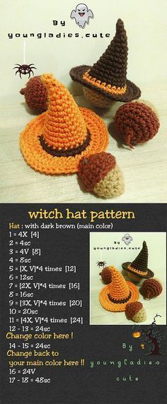 Halloween Crochet Witch Hat, Tiny Witch Hat Crochet Pattern, Crochet Witch Hat Keychain, Crochet Amigurumi Witch Hat, Crochet Tiny Witch Hat Pattern Free, Crochet Couldren Pattern, Beginner Crochet Ghost, Which Hat Crochet Pattern, Crochet Small Witches Hat Free Pattern