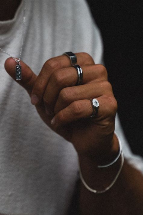 male model wearing white shirt and sterling silver jewellery Guy Jewelry, Ring Man, Mens Rings Fashion, Just For Men, Mens Accessories Jewelry, Mens Accessories Fashion, Men's Rings, Recycled Sterling Silver, Silver Man