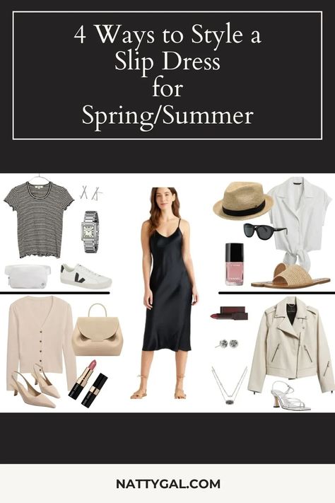 Spring Slip Dress Outfit, Black Slip Dress Outfit Ideas, How To Dress Down A Slip Dress, How To Style A Black Slip Dress, How To Wear A Slip Dress, Styling A Slip Dress, Spaghetti Strap Dress With Shirt Under, Strap Dress With Shirt Under, Black Silk Dress Outfit