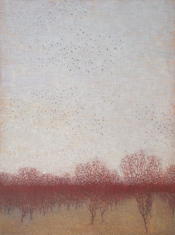 David Grossmann Dormant Orchard with Gathering Birds oil on linen panel 40 x 30ins ( 124 x 76cm) Contemporary Landscape Art, David Grossman Art, David Grossman, Tonalist Paintings, Smell Of Rain, Illustration Nature, Landscape Abstract, Pink Painting, Painter Artist