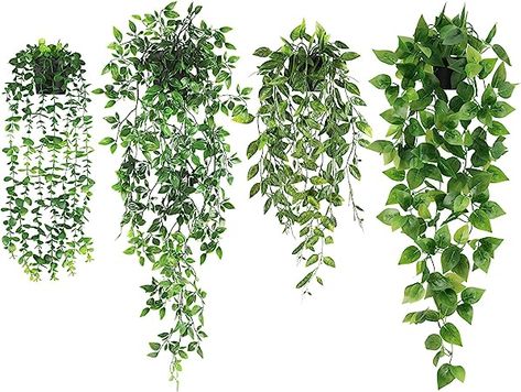 4 pots of artificial hanging plants, including artificial eucalyptus, mandala, pothos and pea pod leaves.
The pot size is 3.5 "x 3.2" (W x H). The overall length of the hanging plants is approx. 22" for eucalyptus leaves, 25.6'' for pea pod leaves, 32" for pothos leaves and mandala leaves. Fake Potted Plants, Fake Hanging Plants, Artificial Hanging Plants, Faux Eucalyptus, Hanging Plants Indoor, Hanging Vines, Garden Indoor, Wall Shelf Decor, Pothos Plant