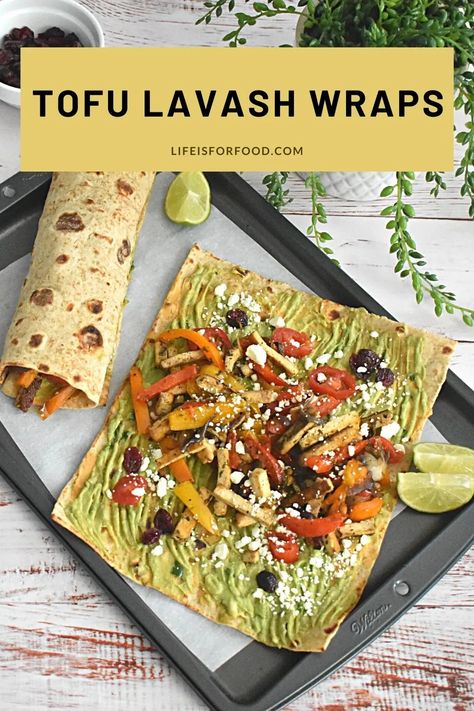 Tofu Lavash Wraps Roasted Onions And Peppers, Lavash Wrap, Lavash Recipes, Spicy Hummus, Avocado Spread, Extra Firm Tofu, Dairy Free Options, Roasted Peppers, Wrap Recipes