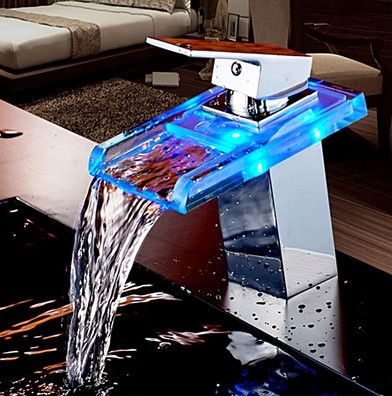 Copper basin faucet LED light thermostat washbasin faucet bathroom cabinet bathroom faucet hot and cold home Waterfall Kitchen, Led Faucet, Glass Waterfall, Waterfall Bathroom, Bathroom Faucets Waterfall, Basin Sink Bathroom, Chrome Kitchen, Finished Bathrooms, Faucet Bathroom