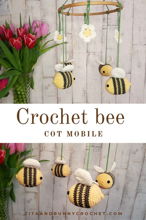 Crochet Bee Mobile Free Pattern, Crochet Cot Mobile Free Pattern, Crochet Cot Mobile, Bee Mobile Baby, Crochet Bee Mobile, Crochet Bee Wall Hanging, Crochet Mobile Free Pattern, Crochet Baby Mobile Free Pattern, Crochet Mobile Baby