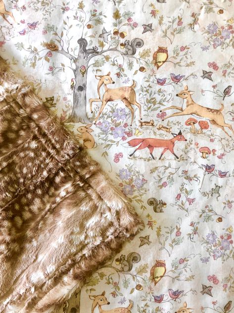 "This beautiful woodland baby blanket has a layer of cotton fabric on top with the cutest woodland animals, including deer, foxes, raccoons, birds, frogs, birds, flowers, butterflies and more. It will make a perfect new baby gift for a forest-themed nursery. The bottom layer will be your choice of super soft minky. There will be a border trim of the minky backing on the front edge of the blanket. Your blanket will be handmade in my smoke free home. Your blanket will have a silky satin tag with t Deer Nursery Girl, Woodland Baby Girl, Fox Forest, Woodland Baby Blanket, Woodland Nursery Girl, Deer Nursery, Girl Woodland, Deer Fawn, Woodland Animal Nursery