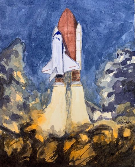 Watercolor Space Painting, Spaceship Watercolor, Rocket Watercolor, Rocket Painting, Space Watercolor, 4 Friends, Space Drawings, Watercolor Beginner, Watercolor Water