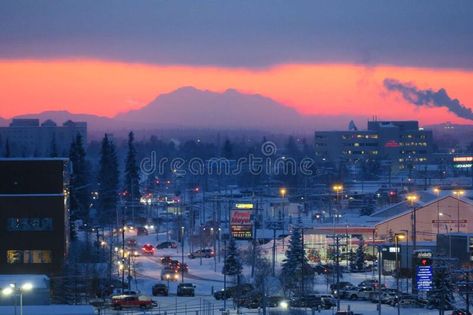 Alaska City Aesthetic, Fairbanks Alaska Aesthetic, Alaska City, Alaska Cities, Alaskan Town, Alaska Fairbanks, North America Road Trip, Fairbanks Alaska Northern Lights, Alaska Photography