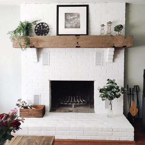 “It only took a few years to convince /timbfair/ to paint our fireplace brick white, haha! Couldn't be more in love with how it turned out and how bright it…” White Painted Fireplace, Brick Fireplace Mantles, Design Camino, White Brick Fireplace, Painted Brick Fireplaces, Brick Fireplace Makeover, Paint Fireplace, Farmhouse Fireplace, White Fireplace