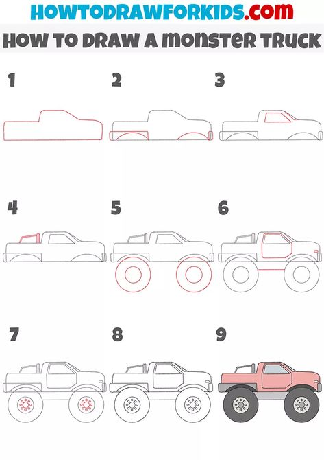 How to Draw a Monster Truck - Easy Drawing Tutorial For Kids How To Draw Trucks Step By Step, How To Draw Monster Truck, Truck Drawing Easy Step By Step, Monster Truck Doodle, Monster Truck Drawing Easy, How To Draw A Truck, Hot Wheels Drawing, Draw Monster Truck, How To Draw A Car