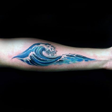 Cobalt Blue Surf Tattoo Male Forearms Ocean Waves Tattoo Design, Ocean Ankle Tattoo, Ocean Forearm Tattoo, Blue Wave Tattoo, Water Themed Tattoos, Waves Tattoo Design, Surfing Tattoo, Surf Tattoos, Ocean Wave Tattoo